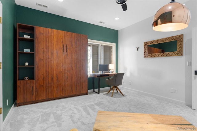 office with recessed lighting, carpet flooring, baseboards, and visible vents