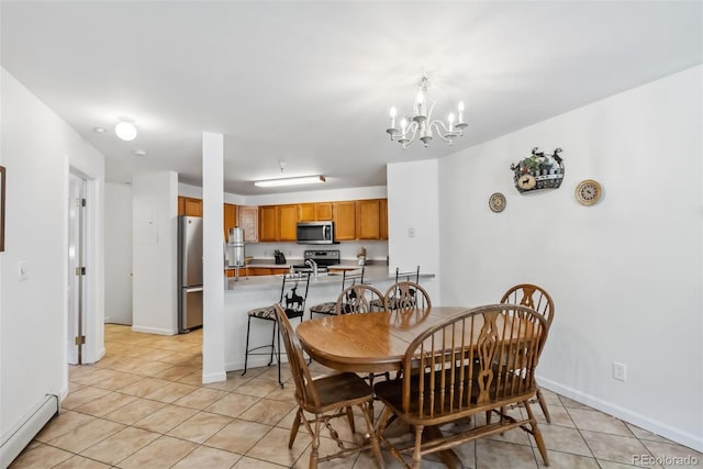 dining area with a baseboard radiator, a notable chandelier, baseboards, and light tile patterned floors