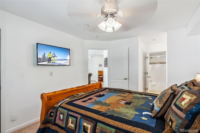 carpeted bedroom with baseboards and ceiling fan