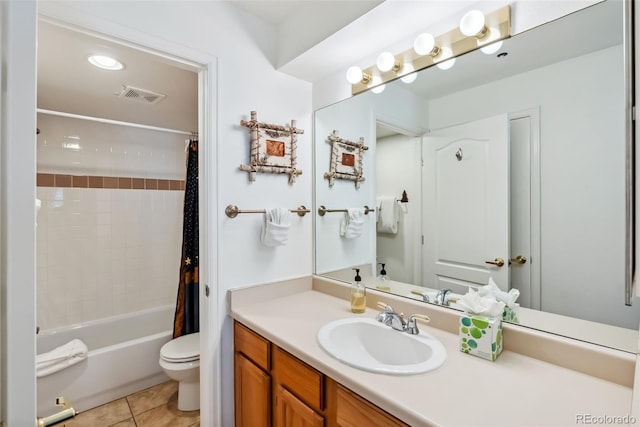 full bathroom featuring toilet, visible vents, tile patterned flooring, vanity, and shower / bathtub combination with curtain