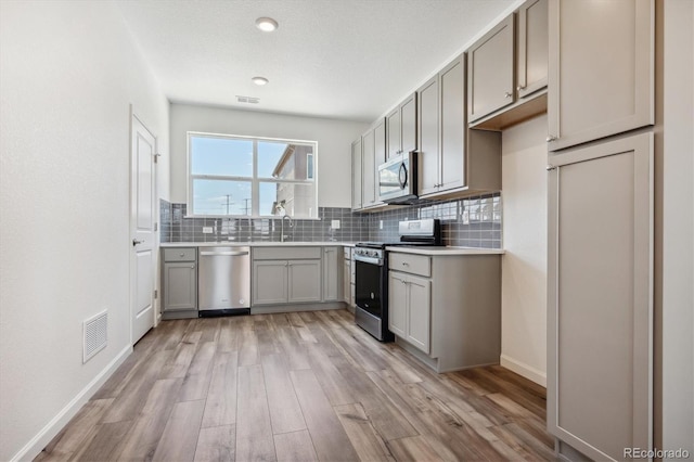 kitchen with decorative backsplash, appliances with stainless steel finishes, gray cabinetry, sink, and light hardwood / wood-style flooring