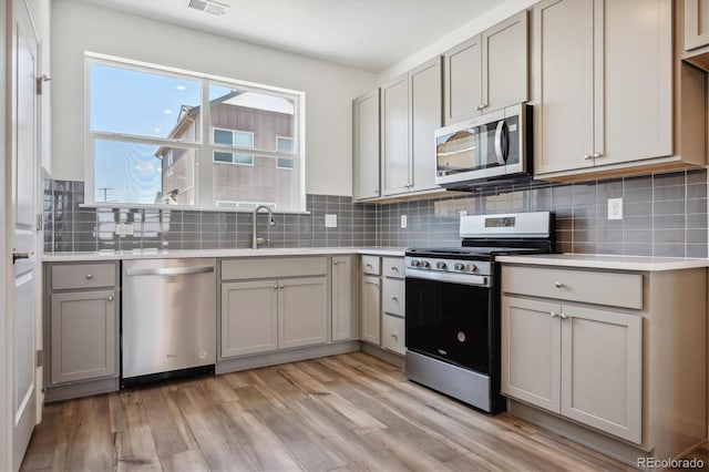 kitchen with light wood-type flooring, stainless steel appliances, backsplash, and sink