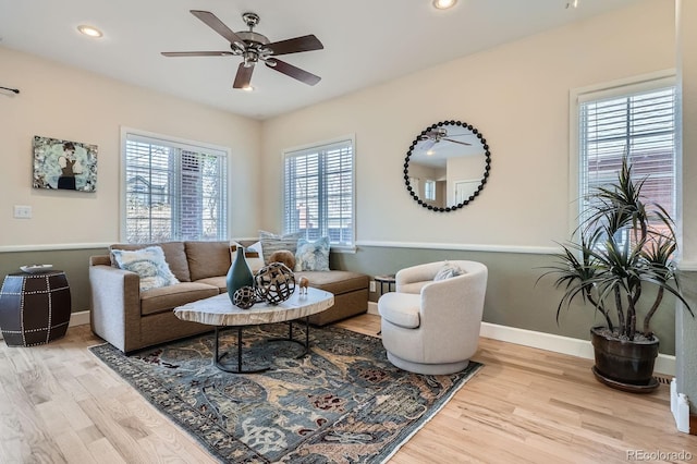 821 S High St, Denver, CO 80209 - living room with a ceiling fan, wood finished floors, recessed lighting, and baseboards