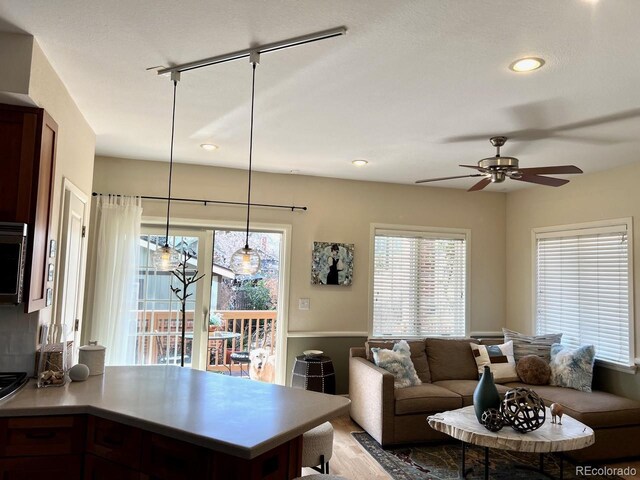 821 S High St, Denver, CO 80209 - living room with ceiling fan, wood finished floors, and recessed lighting