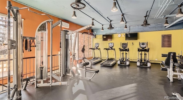 workout area featuring plenty of natural light and baseboard heating