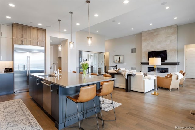 kitchen featuring sink, a large fireplace, hanging light fixtures, a large island, and stainless steel appliances