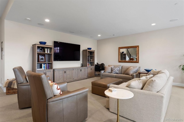 living room featuring light colored carpet