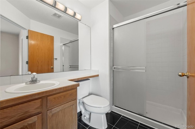 584 Ridgeview Dr, Louisville, CO 80027 - bathroom with tile patterned flooring, a shower stall, vanity, and toilet