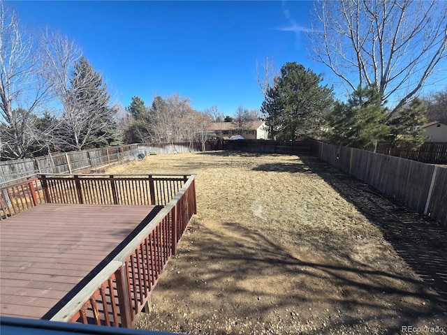 view of yard featuring a fenced backyard and a wooden deck