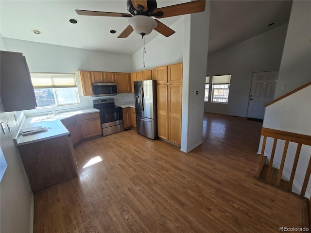 kitchen with appliances with stainless steel finishes, a wealth of natural light, light countertops, and wood finished floors