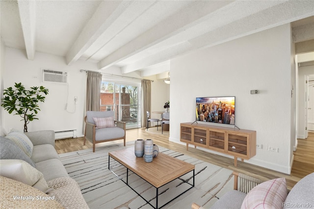 living room featuring light wood-type flooring, a wall mounted air conditioner, baseboards, a baseboard radiator, and beamed ceiling