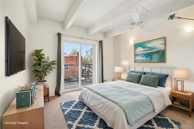bedroom with access to outside, a ceiling fan, light carpet, and beamed ceiling