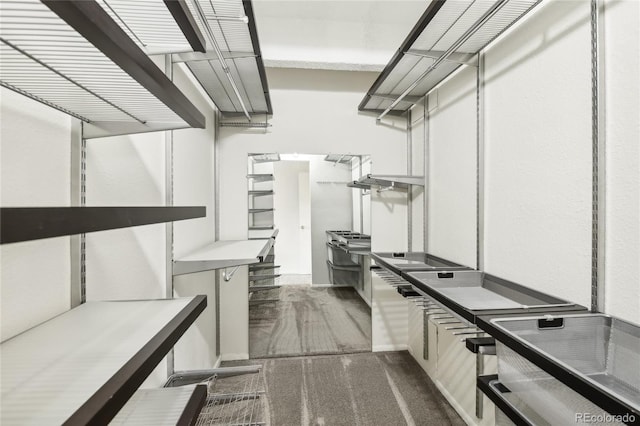 walk in closet featuring dark colored carpet