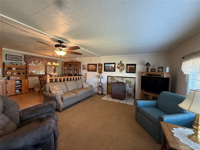 21300 County Road 13, La Jara, CO 81140 - living room featuring ornamental molding, a wood stove, a ceiling fan, and light carpet