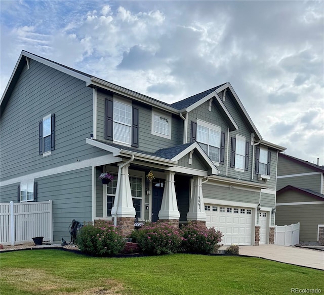 5861 Mt Shadows Blvd, Firestone, CO 80504 - craftsman inspired home with a garage, concrete driveway, stone siding, and a porch
