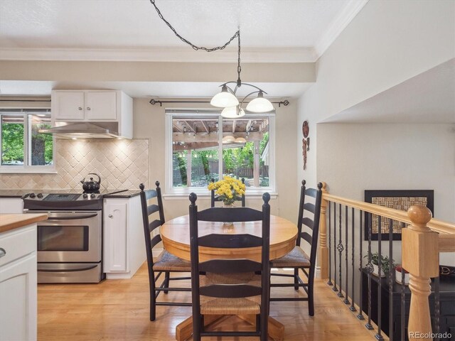 dining room featuring a chandelier, light wood finished floors, and ornamental molding