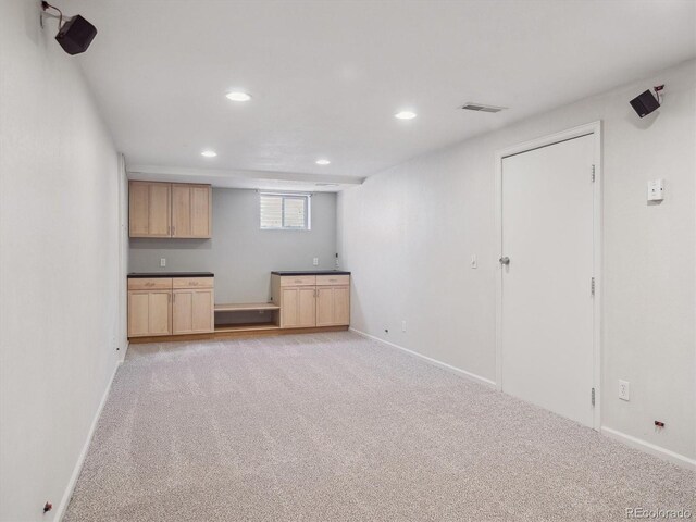 bar area with light colored carpet, recessed lighting, and baseboards