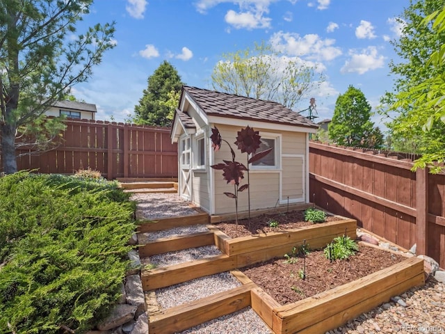 view of shed with a garden and a fenced backyard