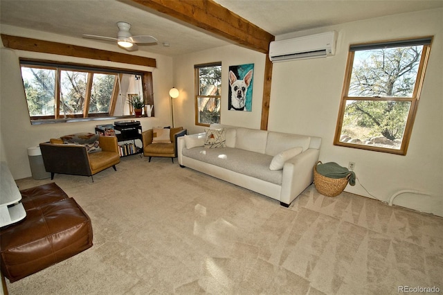 living room featuring light carpet, beamed ceiling, a healthy amount of sunlight, and ceiling fan