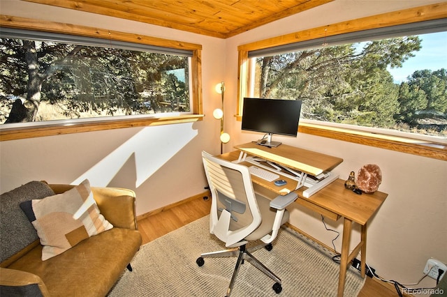 office featuring hardwood / wood-style floors, wooden ceiling, and vaulted ceiling