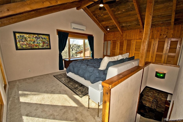 bedroom with wooden ceiling, lofted ceiling with beams, an AC wall unit, carpet floors, and wooden walls