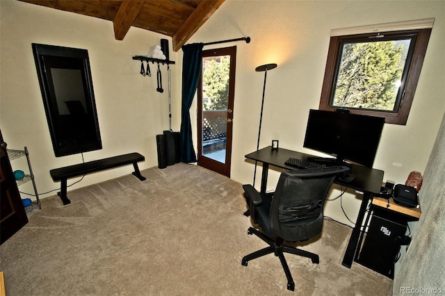 office with vaulted ceiling with beams, light colored carpet, and wood ceiling