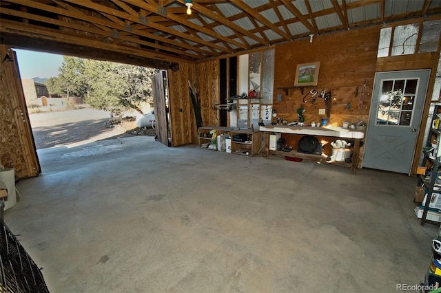 garage with a workshop area