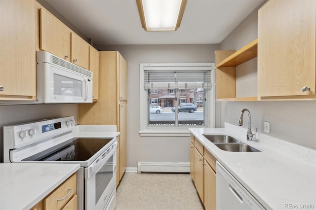 kitchen featuring white appliances, a baseboard radiator, open shelves, a sink, and light brown cabinetry