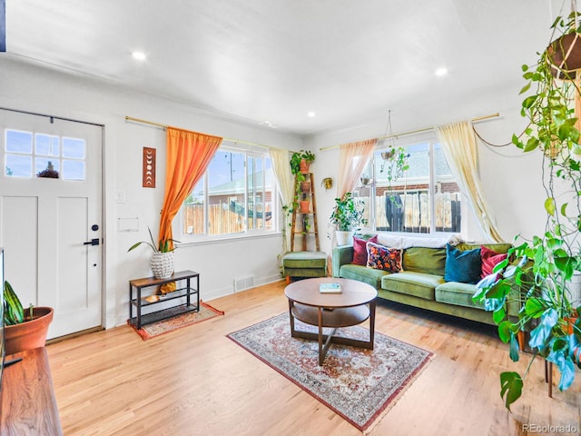 3450 N Harrison St, Denver, CO 80205 - living area featuring recessed lighting, visible vents, and wood finished floors