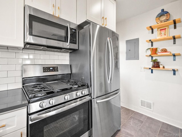 3450 N Harrison St, Denver, CO 80205 - kitchen with electric panel, open shelves, visible vents, baseboards, and appliances with stainless steel finishes