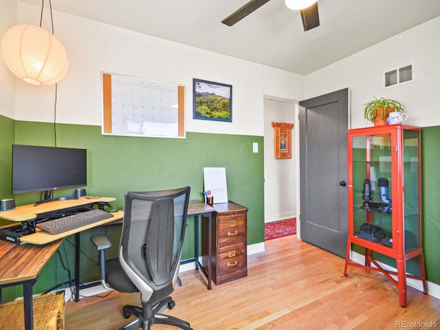 3450 N Harrison St, Denver, CO 80205 - office area with ceiling fan, baseboards, visible vents, and wood finished floors