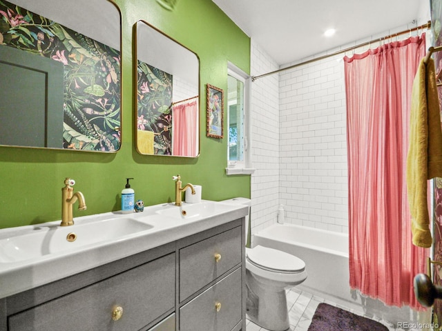 3450 N Harrison St, Denver, CO 80205 - full bath with double vanity, toilet, shower / tub combo with curtain, and a sink