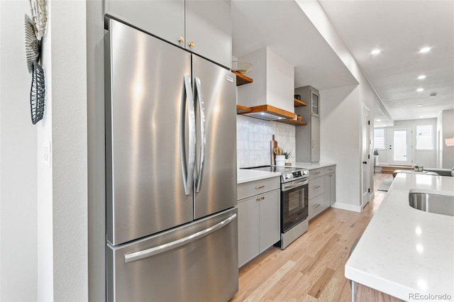 1048 Knox Ct, Denver, CO 80204 - kitchen featuring stainless steel appliances, open shelves, light wood-style flooring, decorative backsplash, and gray cabinetry
