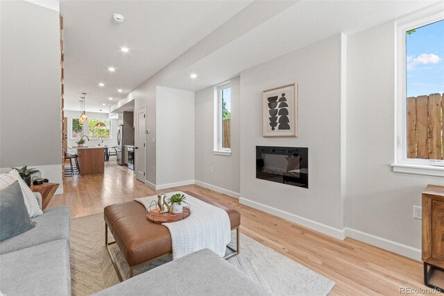 1048 Knox Ct, Denver, CO 80204 - living room featuring light wood-style floors, recessed lighting, and a glass covered fireplace