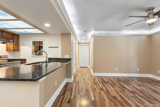 kitchen featuring stainless steel range with electric stovetop, a sink, under cabinet range hood, and a peninsula