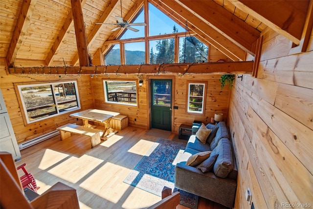 living room featuring wood-type flooring, beamed ceiling, wood walls, and ceiling fan