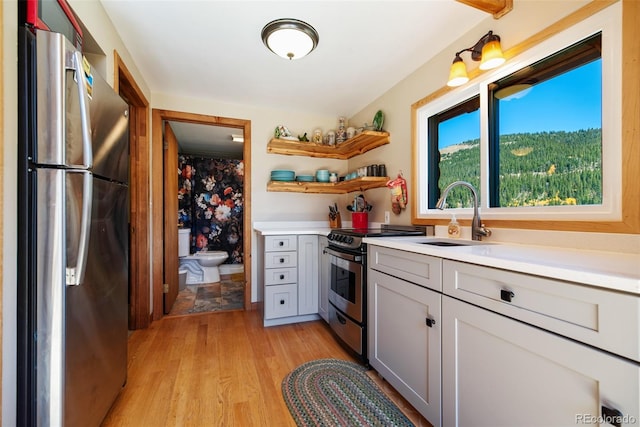 kitchen with light hardwood / wood-style floors, gray cabinets, stainless steel appliances, and sink