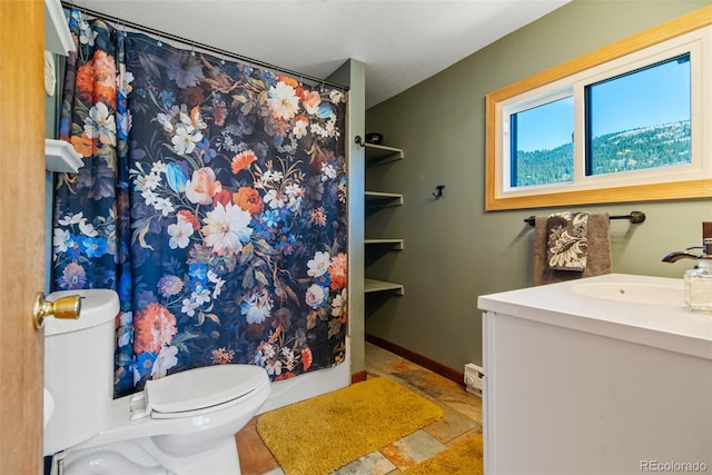 bathroom featuring vanity, toilet, and curtained shower