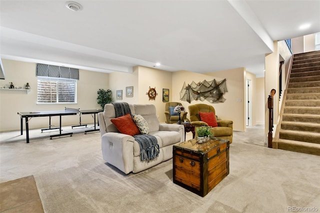 living room featuring light colored carpet