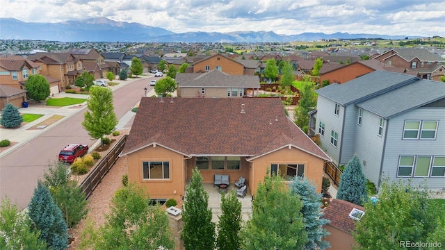 drone / aerial view featuring a mountain view