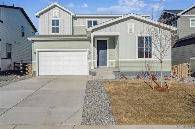 view of front of house featuring concrete driveway, a front lawn, board and batten siding, and an attached garage