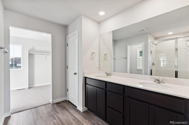 bathroom with a spacious closet, double vanity, a sink, and visible vents