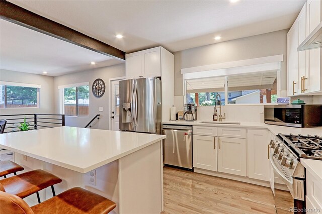 2337 S Franklin St, Denver, CO 80210 - kitchen with stainless steel appliances, light wood-style flooring, a breakfast bar, white cabinetry, and recessed lighting