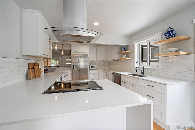 2865 S Cherry Way, Denver, CO 80222 - kitchen featuring appliances with stainless steel finishes, island range hood, open shelves, a sink, and light countertops