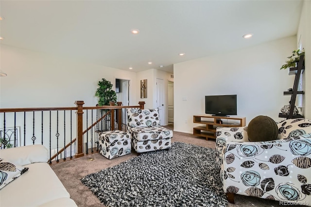 living room featuring recessed lighting and carpet flooring