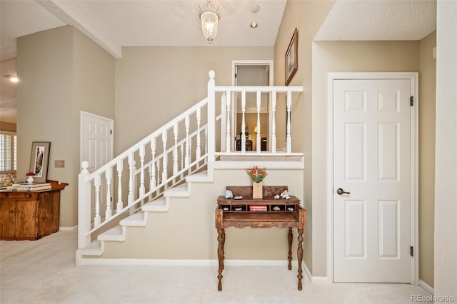 stairway featuring carpet flooring