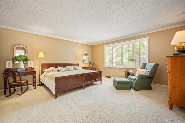 carpeted bedroom featuring ornamental molding and a textured ceiling