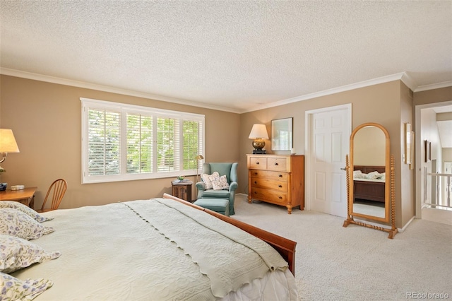 bedroom featuring crown molding, carpet flooring, and a textured ceiling