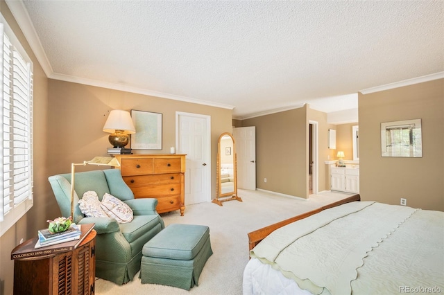 carpeted bedroom with ensuite bath, ornamental molding, and multiple windows