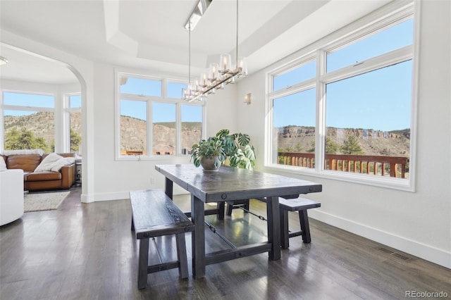 700 Apple Ridge Rd, Lyons, CO 80540 - dining area with healthy amount of natural light, baseboards, a chandelier, and dark wood finished floors